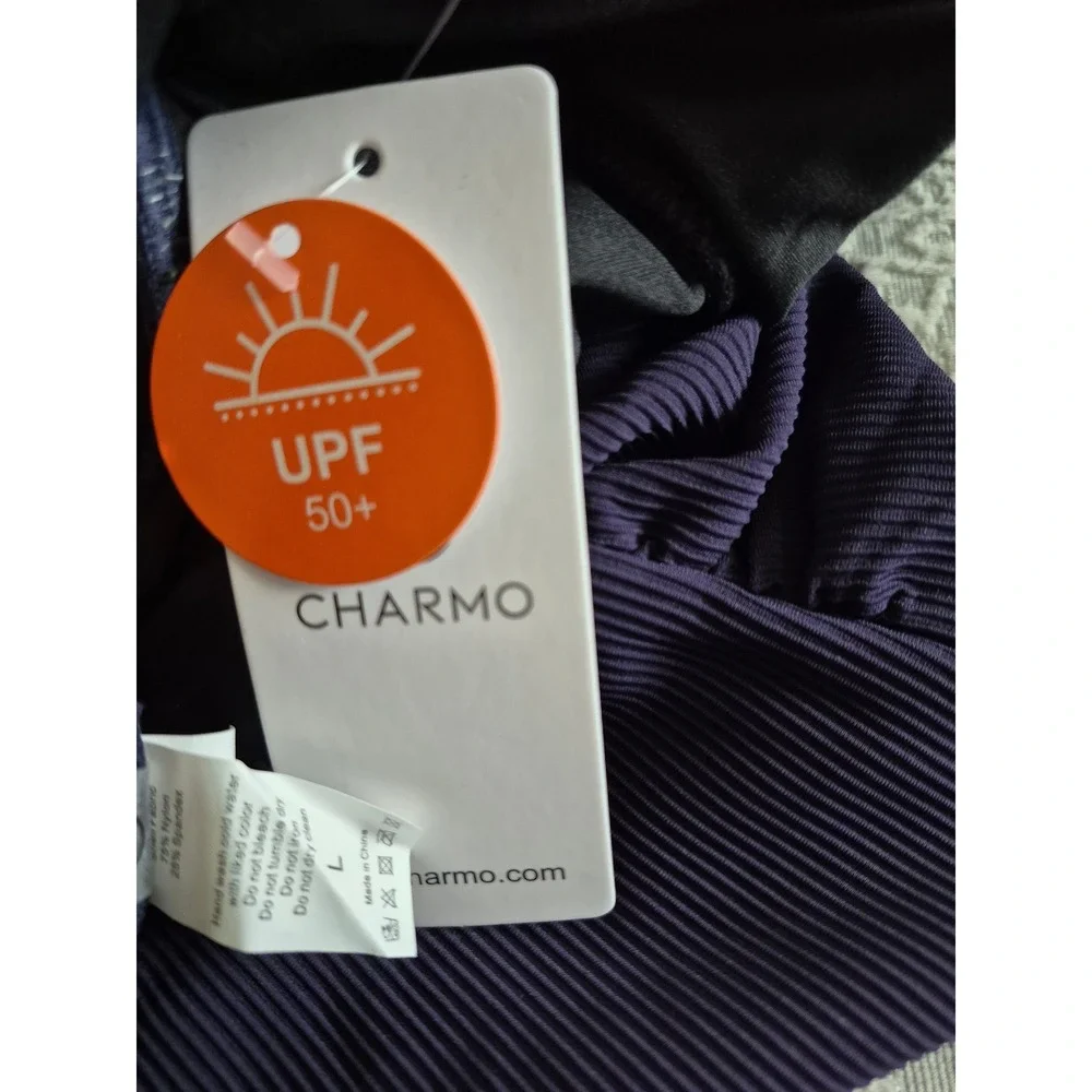 Charmo Womens Ribbed One Piece Swimsuit Purple Ruched Criss Cross Back UPF 50 L - Picture 6 of 6